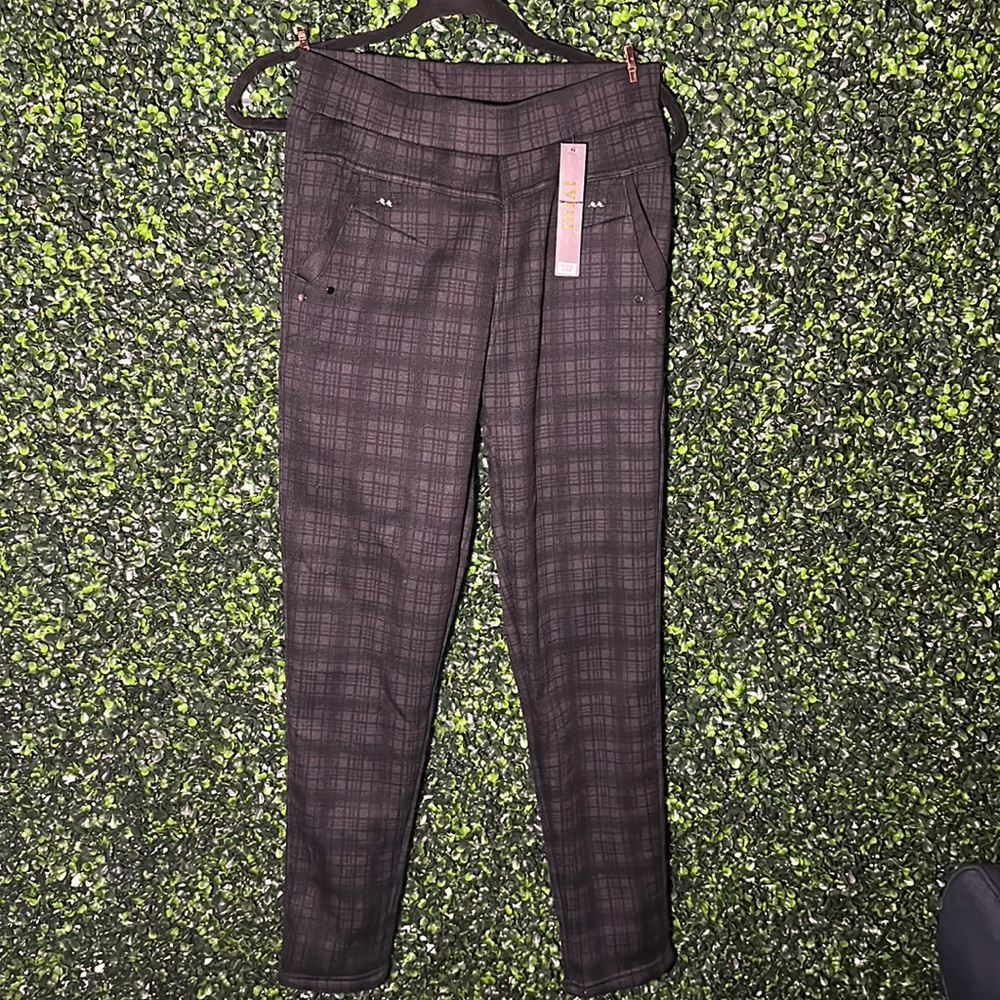 Brand New Black and Grey Plaid Pants with Silver Accents